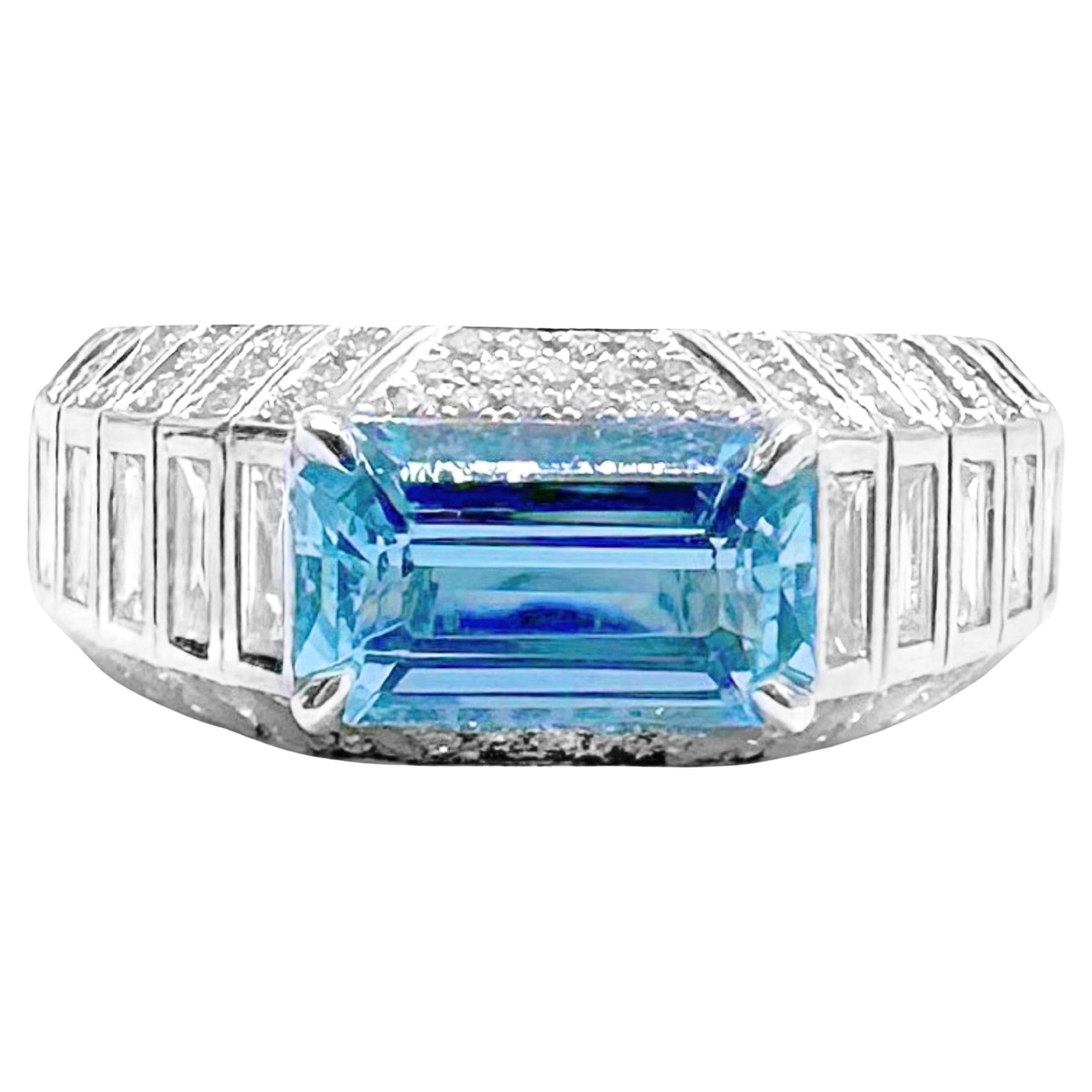 Anillo de aguamarina azul vivo y diamante baguette certificado por Guild de 1,60 TC