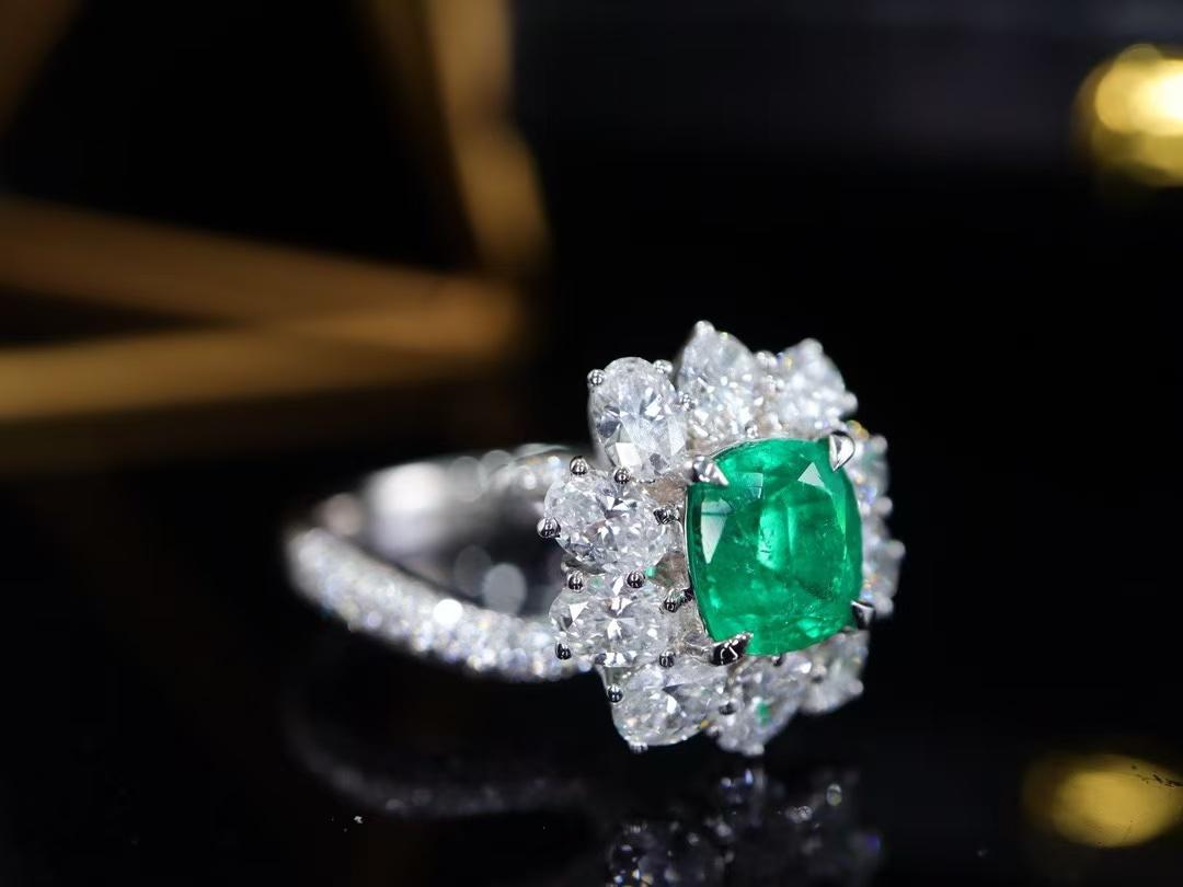 Emerald Cut GUILD Certified 1.19 Carat Emerald Cocktail Ring Thick Gold Inlay Full Diamond For Sale