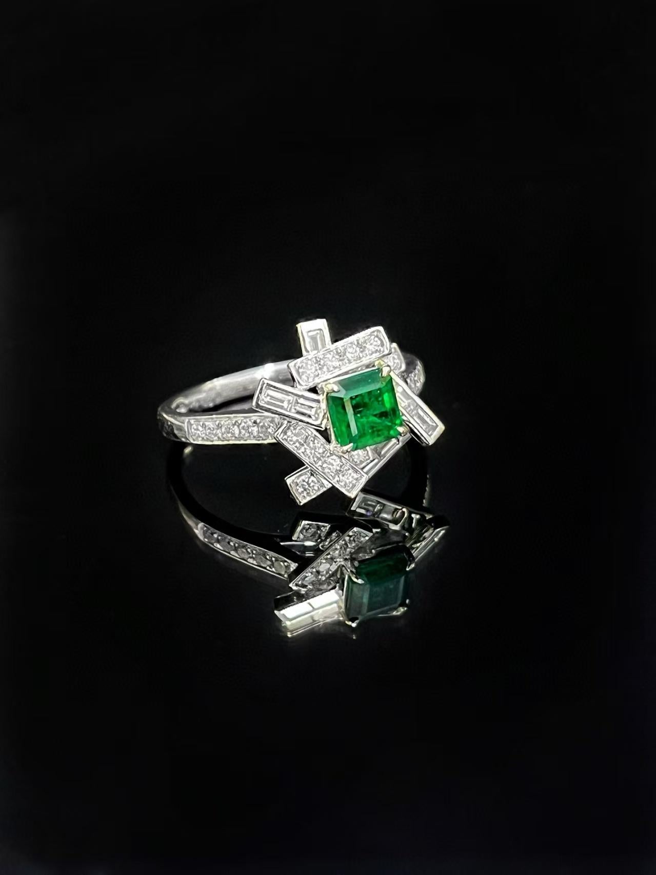 Emerald Cut GUILD Certified Vivid Green Emerald ‘Chic Green’Collection Diamond Cocktail Ring For Sale