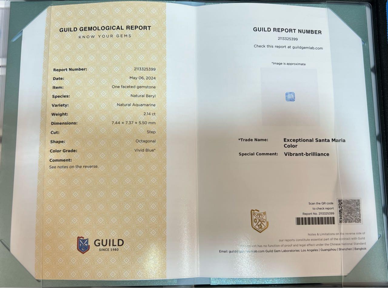 Anello certificato Guild con acquamarina blu vivida da 2.14 CT e diamanti in vendita 3