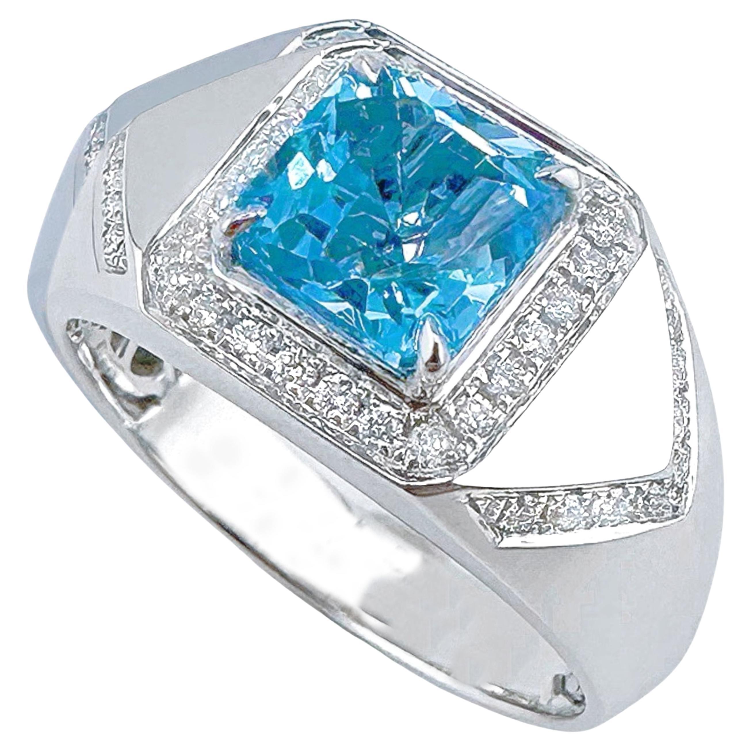 Anillo de aguamarina azul vivo con diamantes, certificado por el Gremio, de 2.14 TC