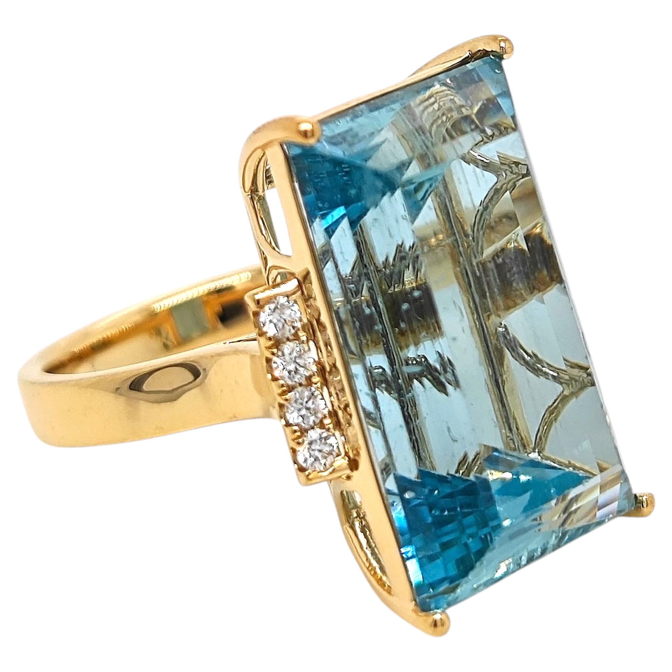 Bague en or jaune certifiée Guild, sertie d'un diamant rond de 22,50 carats couleur aigue-marine