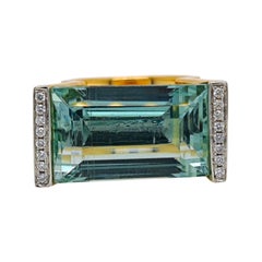 GUILD Certified 23.76 Carat Aquamarine Round Diamond Yellow and White Gold Ring