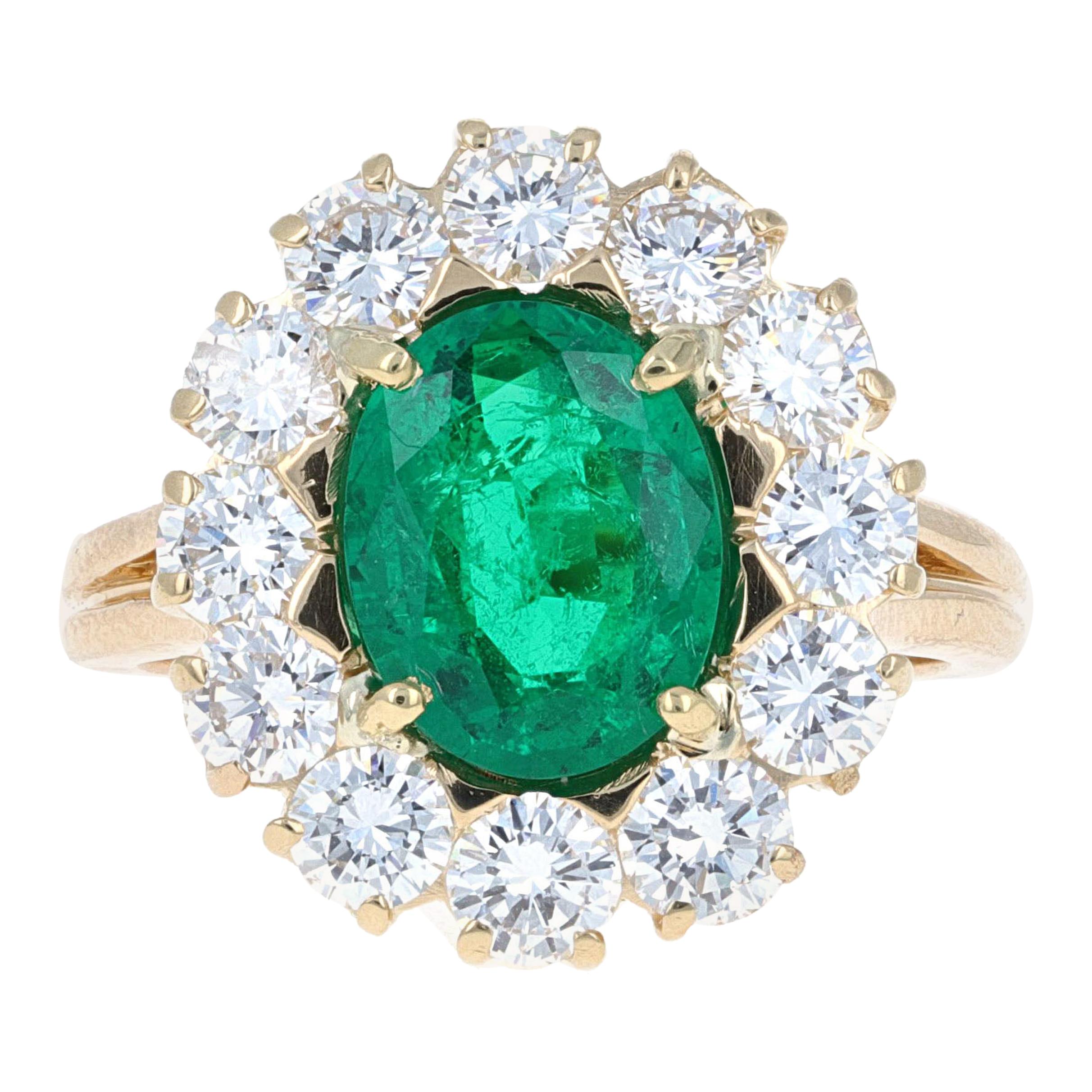 Guild Certified, 2.47 Carat Oval Shape Natural Emerald and Diamond Cocktail Ring