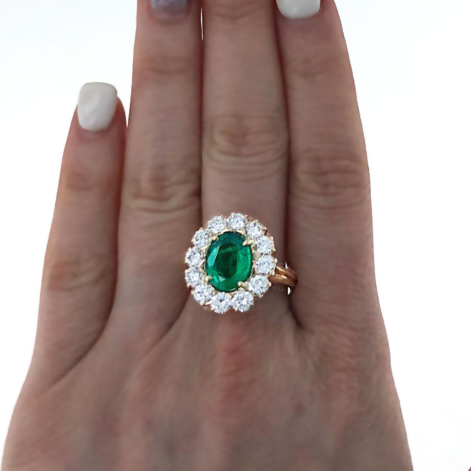 Modern Guild Certified, 2.47 Carat Oval Shape Natural Emerald and Diamond Cocktail Ring