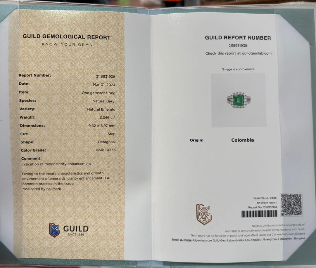 Women's or Men's Guild Certified 3.35 CT Vivid Green Minor Oil Emerald PT 900 Ring with Diamonds For Sale