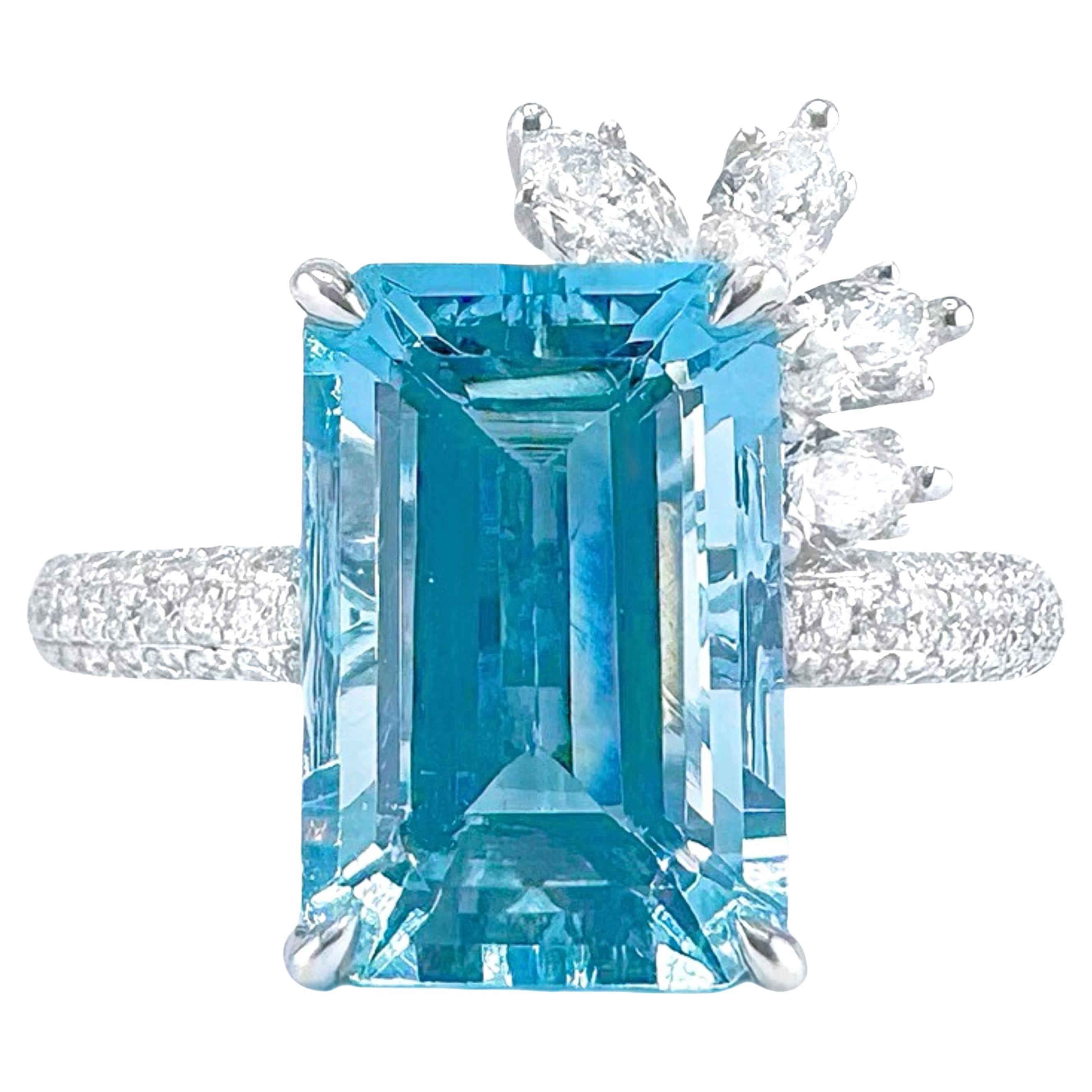 Anillo de aguamarina azul vivo con diamantes, certificado por el Gremio, de 3,78 TC