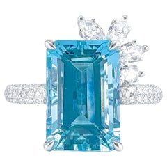 Anillo de aguamarina azul vivo con diamantes, certificado por el Gremio, de 3,78 TC