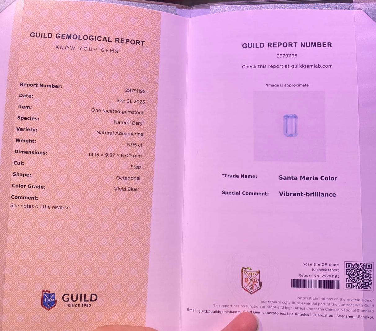 da uomo o donna Anello in oro 18 carati con acquamarina blu vivida certificata Guild da 5,95 carati e diamanti in vendita