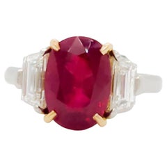 Guild Certified Burma Ruby Oval and White Diamond Three Stone Ring