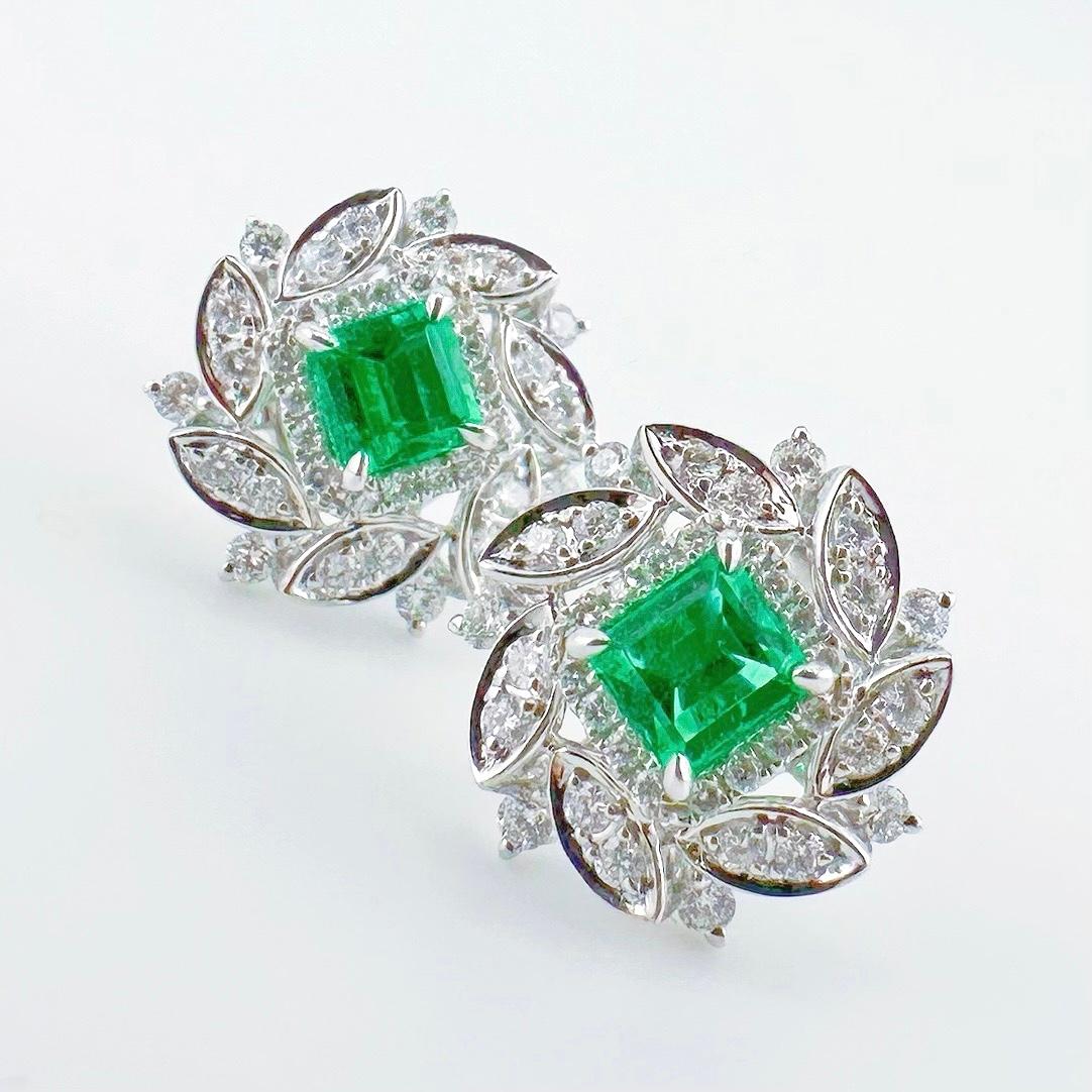 Modern Guild Certified Colombia Emerald Earrings with Diamonds For Sale