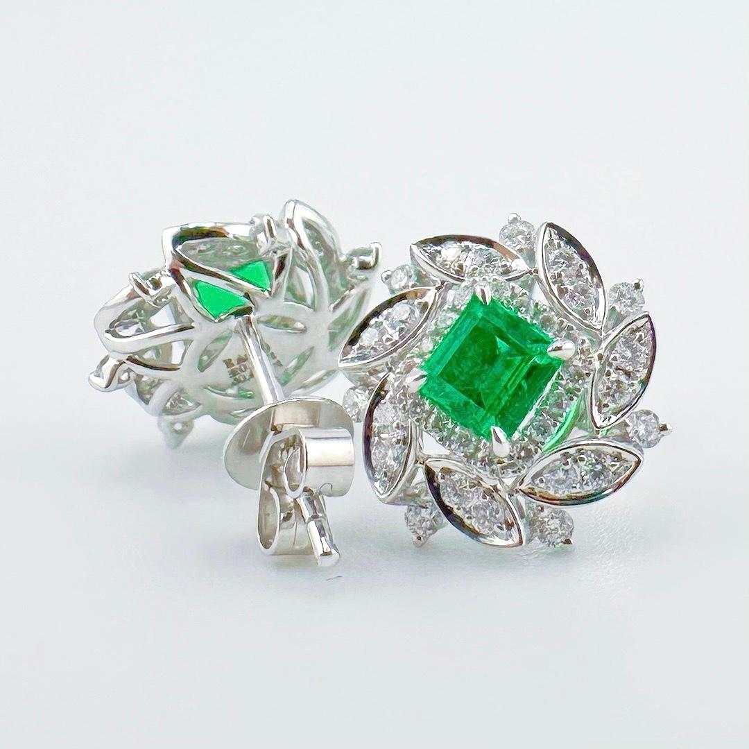 Emerald Cut Guild Certified Colombia Emerald Earrings with Diamonds For Sale