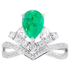 Guild Certified Colombia Intense Green Emerald Crown 18K Gold Ring with Diamonds (bague en or 18K avec diamants)