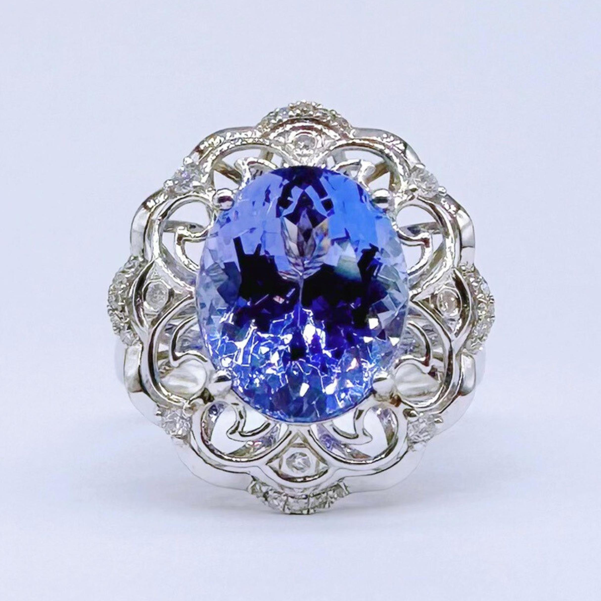 Modern Guild Certified Tanzanite 18K White Gold Cocktail Ring with Diamonds For Sale