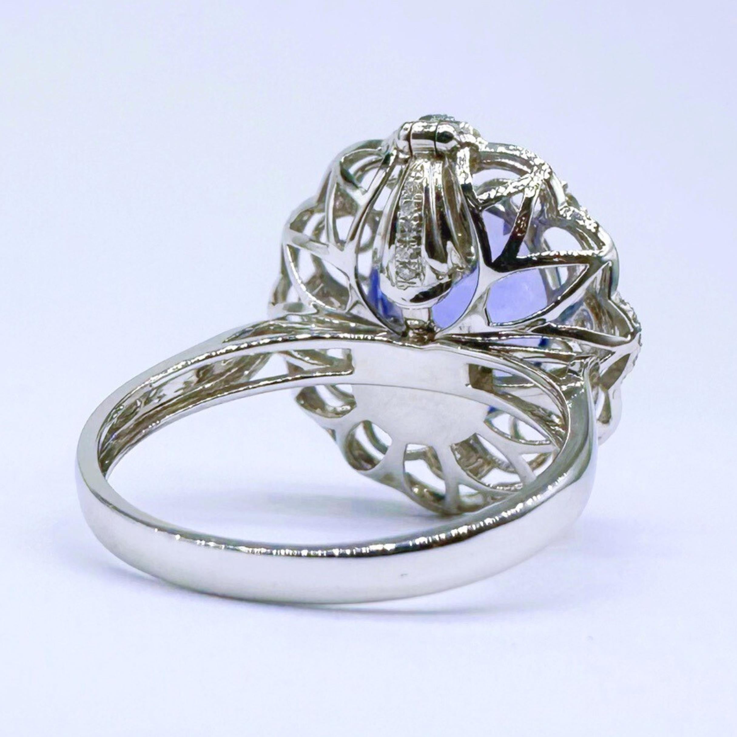 Oval Cut Guild Certified Tanzanite 18K White Gold Cocktail Ring with Diamonds For Sale