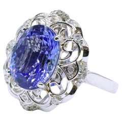 Bague cocktail en or blanc 18 carats avec diamants, Tanzanite certifiée Guild