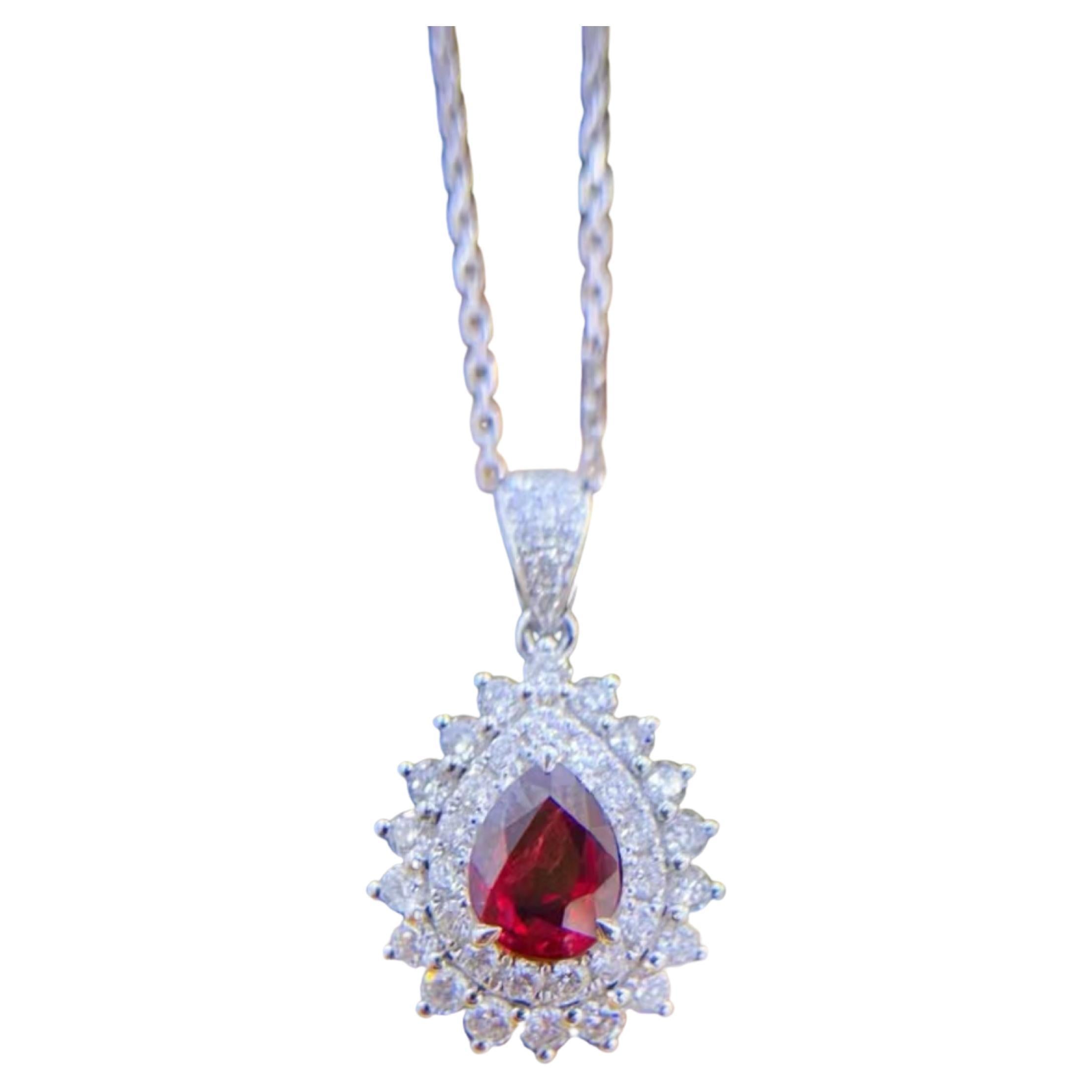 GUILD Certified Unheated Pigeon Blood Ruby Double Halo Diamond Necklace