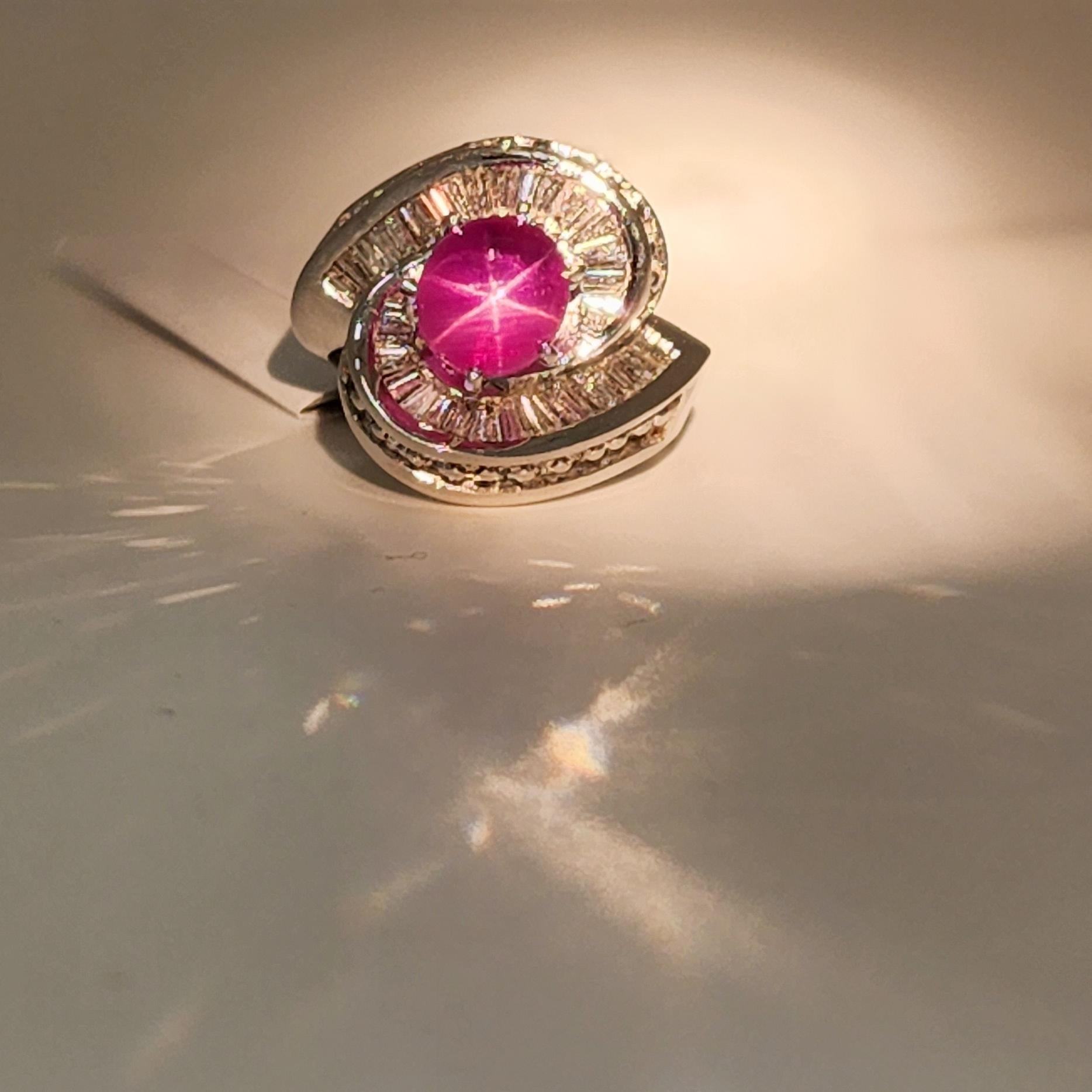 Guild Lab Star Ruby and White Diamond Cocktail Ring in 18k White Gold For Sale 2