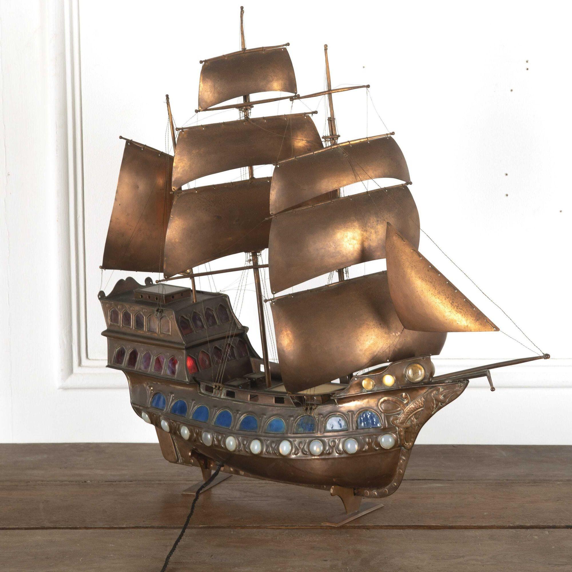 Arts and Crafts Guild of Handicraft Copper and Glass Galleon Table Light