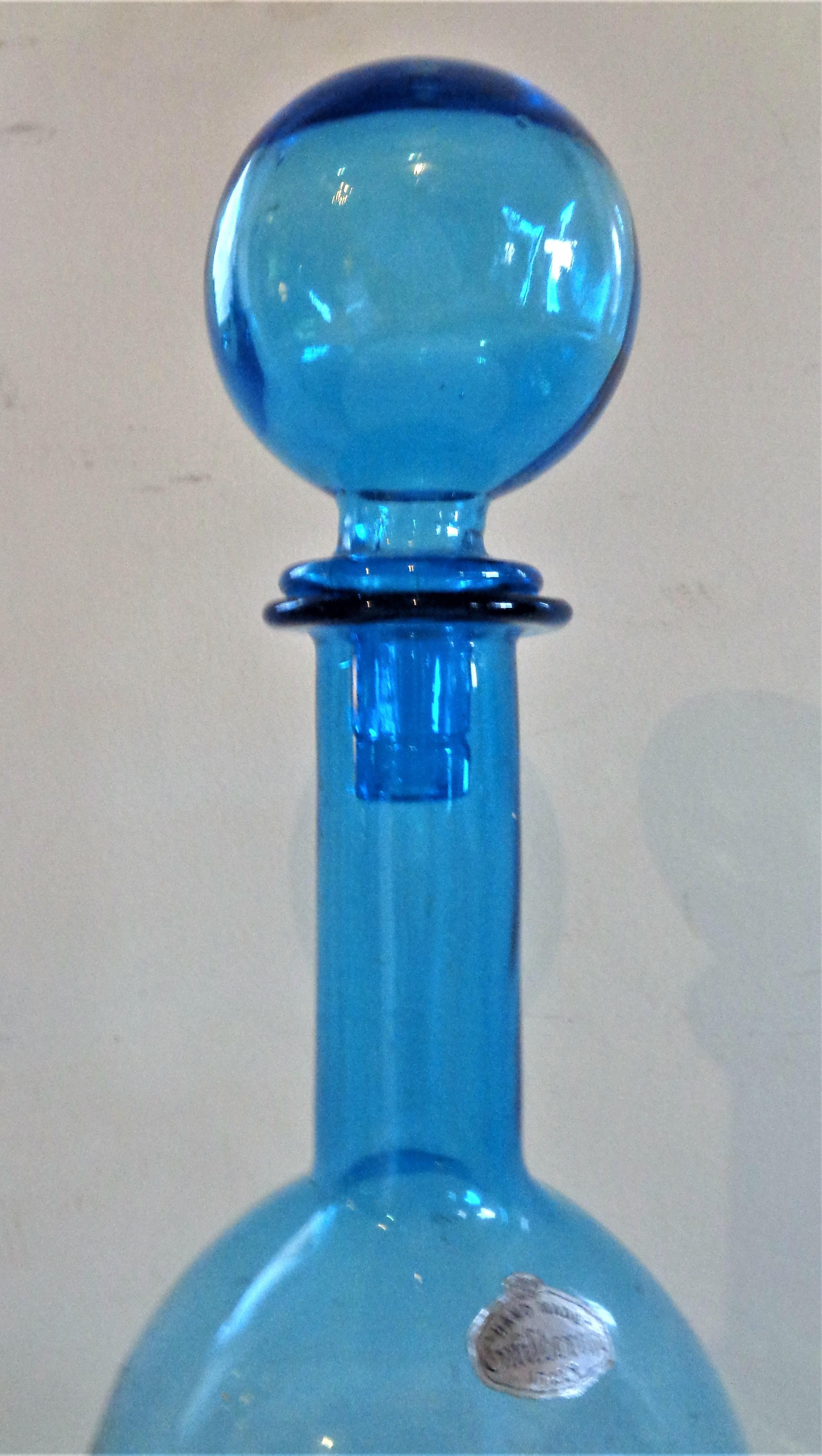  Italian Blue Glass Bottle, 1960's 2