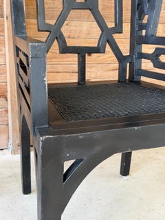 GuildMaster Chinoiserie Black Wood Geometric Fretwork High Back Armchairs – Pair
