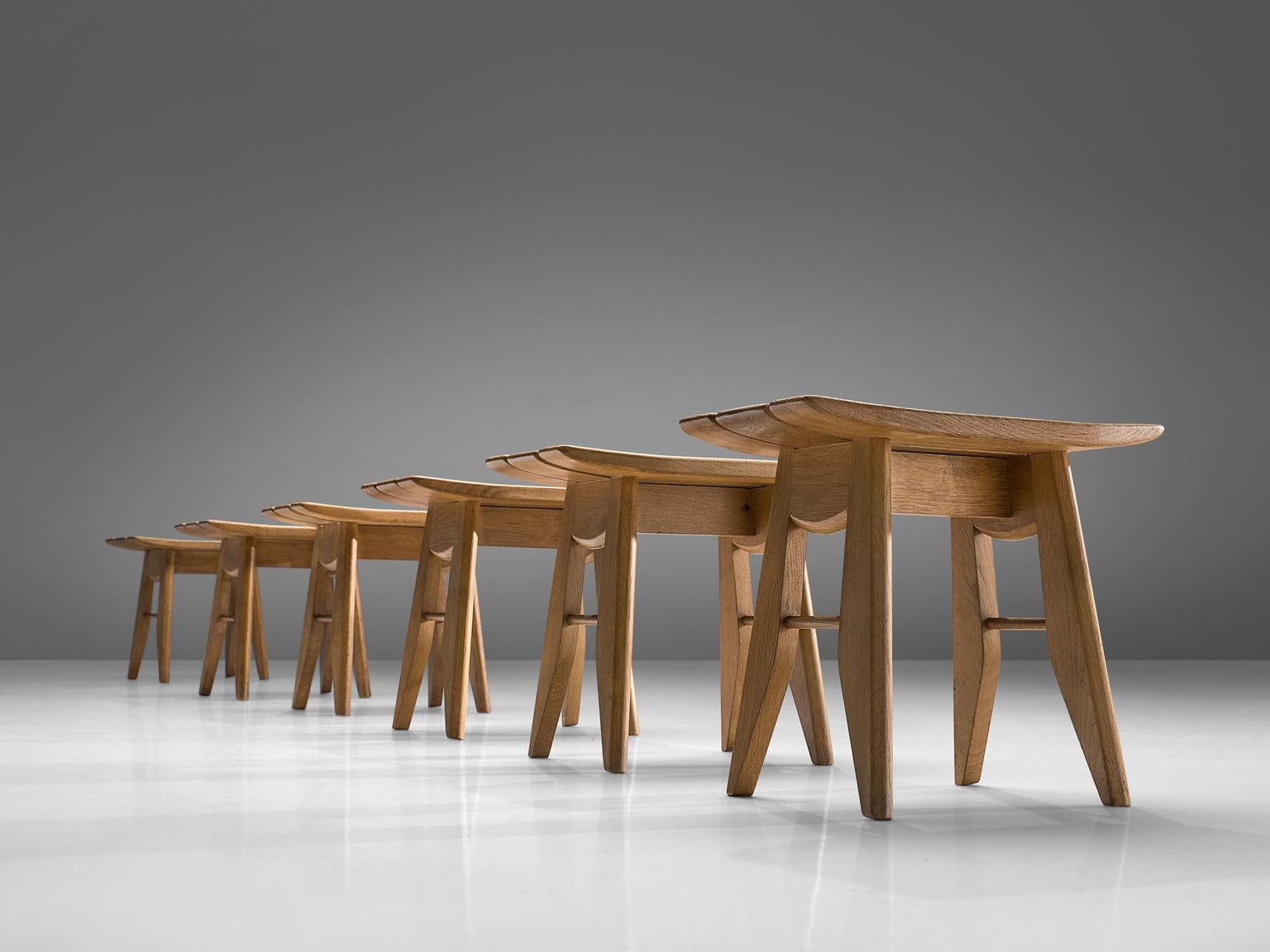 French Guilerme et Chambron Large Set of Thirteen Stools in Oak