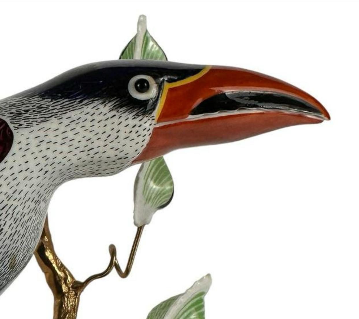 Guilia Mangani Hand Painted Porcelain Toucan & Leaves On Gilt Bronze For Sale 3