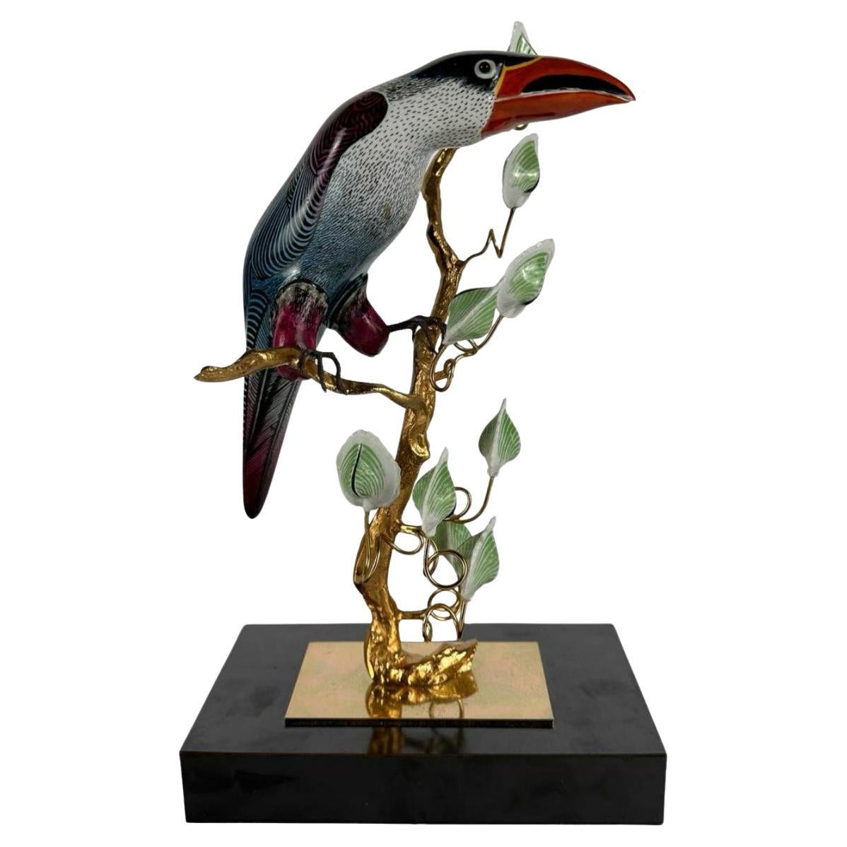 Guilia Mangani Hand Painted Porcelain Toucan & Leaves On Gilt Bronze For Sale