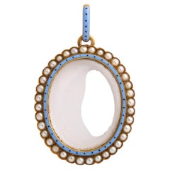 Guiliano Rock Crystal Enamel Natural Pearl Locket Pendant c.1870