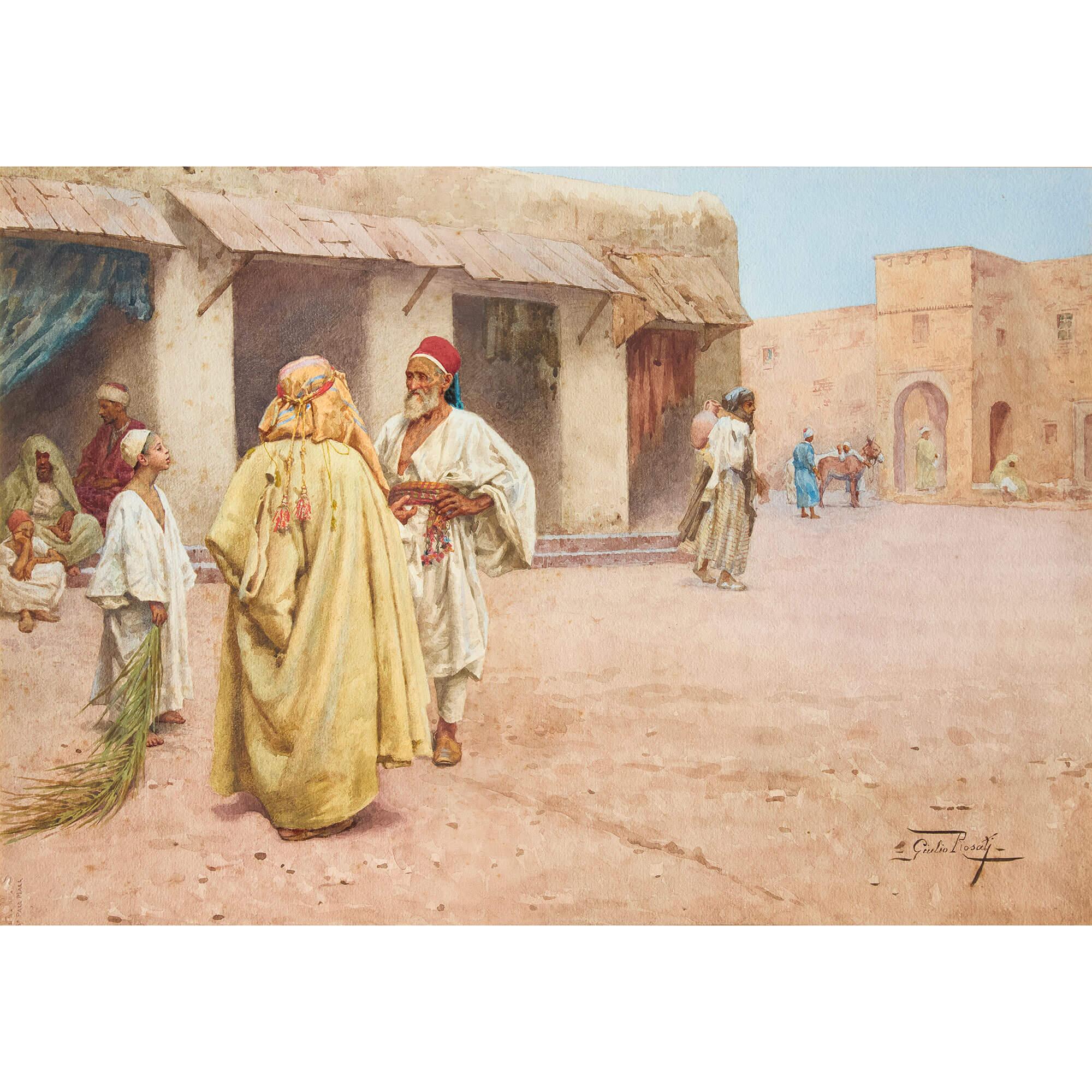 Acuarela orientalista italiana antigua de una plaza de mercado de Rosati - Painting de Guilio Rosati