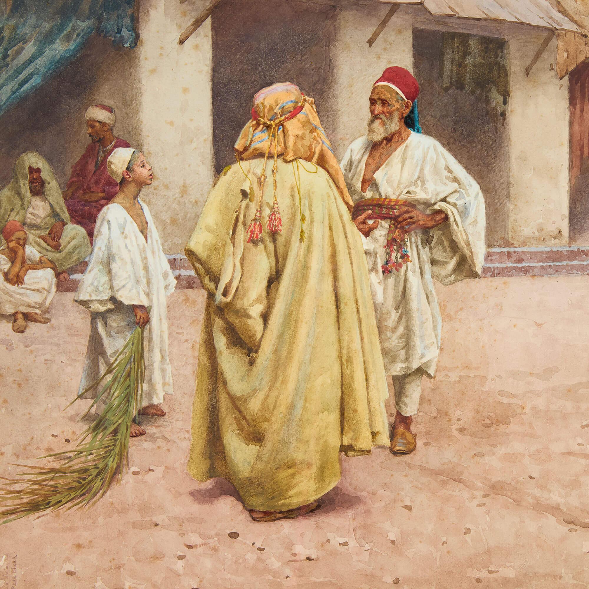 Acuarela orientalista italiana antigua de una plaza de mercado de Rosati - Figurative Painting Marrón de Guilio Rosati