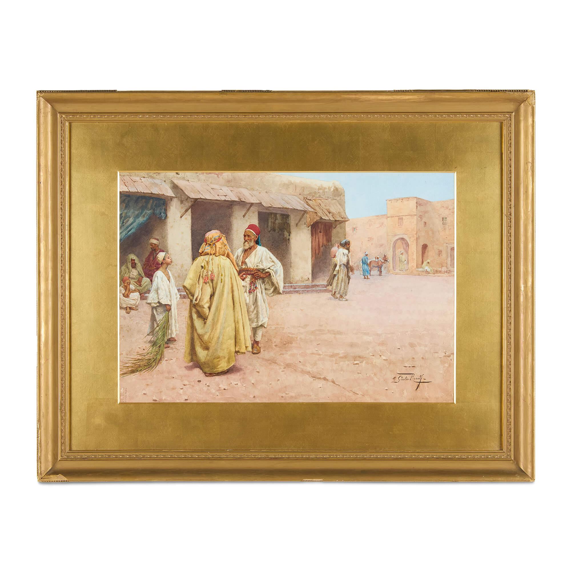 Figurative Painting de Guilio Rosati - Acuarela orientalista italiana antigua de una plaza de mercado de Rosati