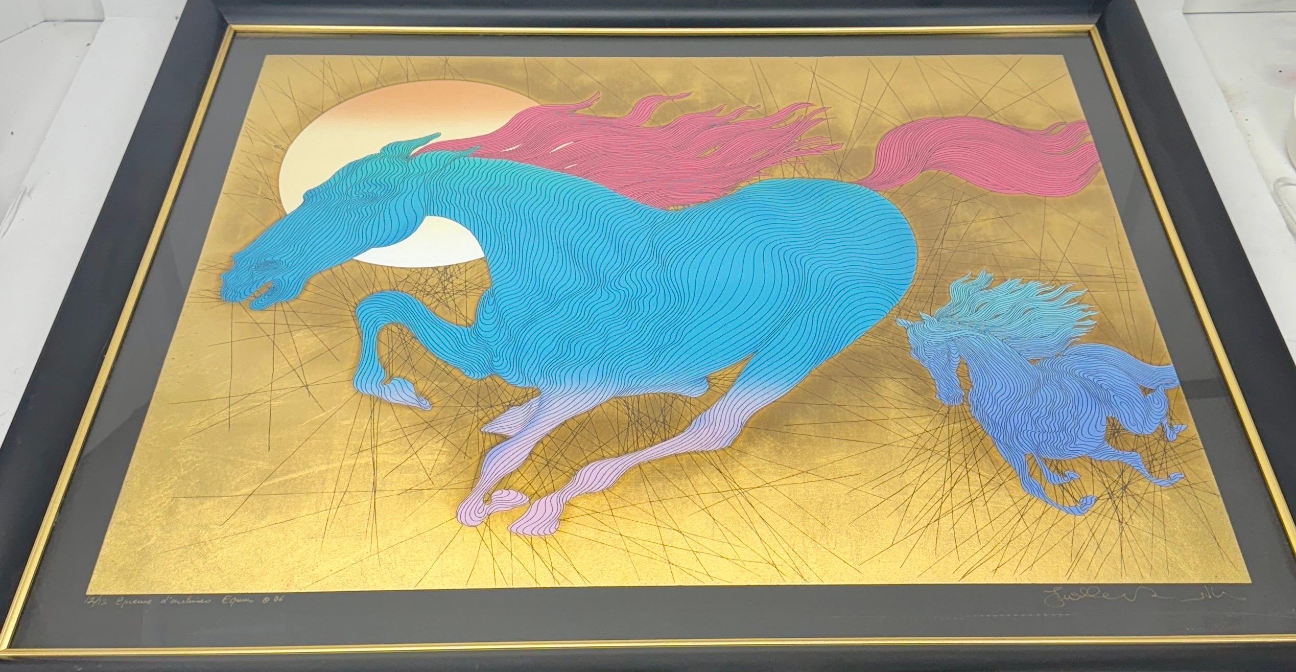 French Guillaume Azoulay Equus Gold Leaf Running Horse Serigraph Limited Edition 12/12 For Sale
