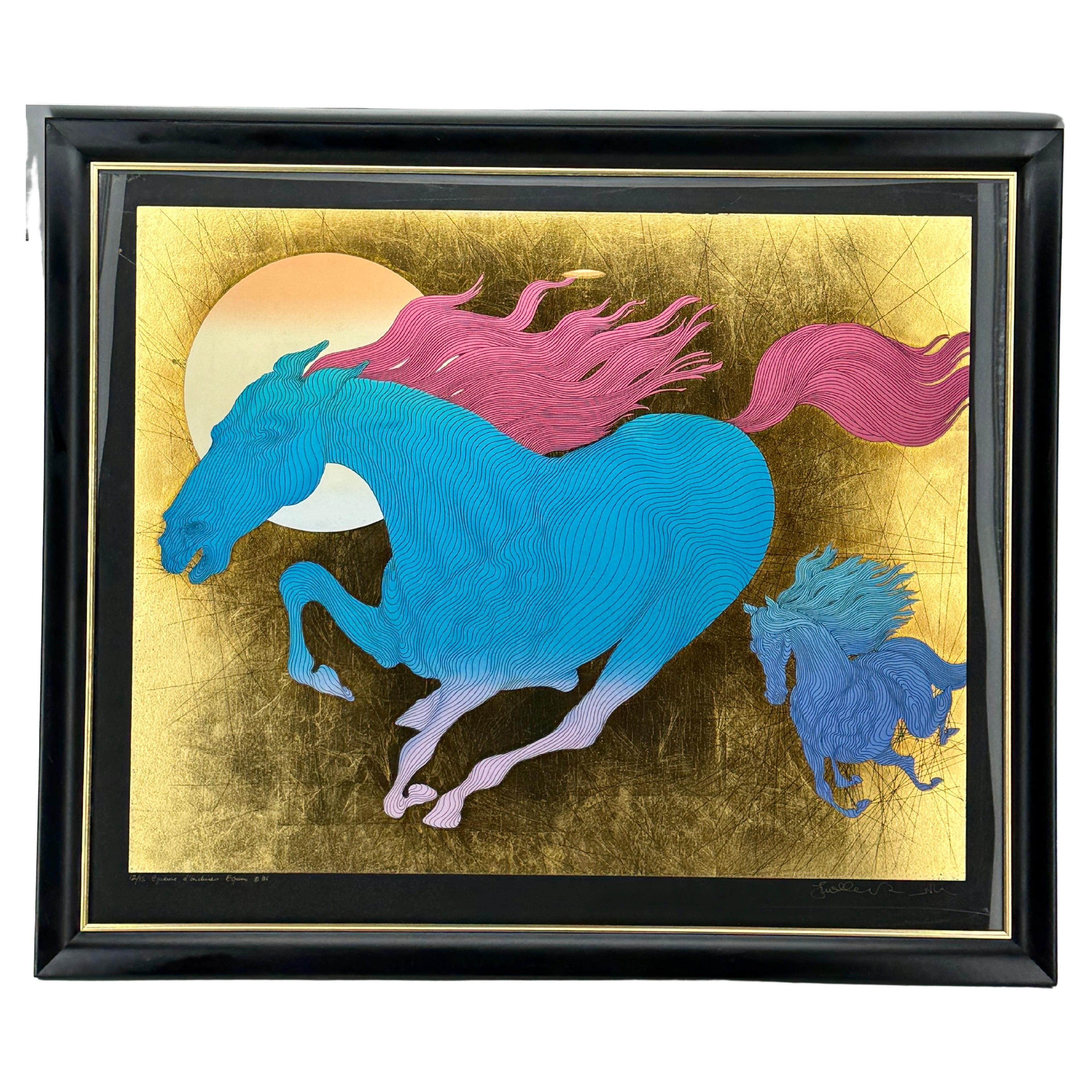 Guillaume Azoulay Equus Gold Leaf Running Horse Serigraph Limited Edition 12/12 In Good Condition For Sale In Haddonfield, NJ