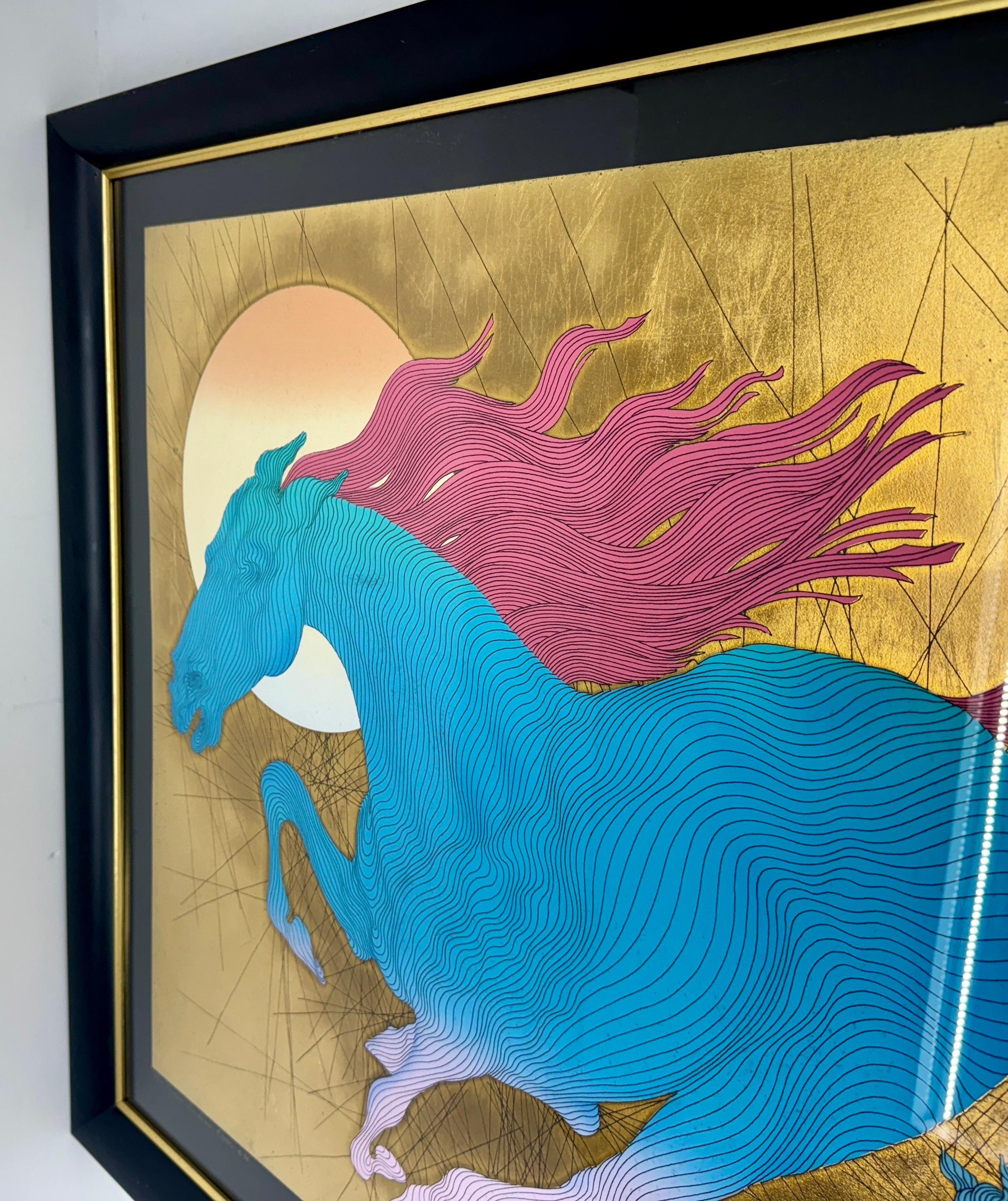 Contemporary Guillaume Azoulay Equus Gold Leaf Running Horse Serigraph Limited Edition 12/12 For Sale