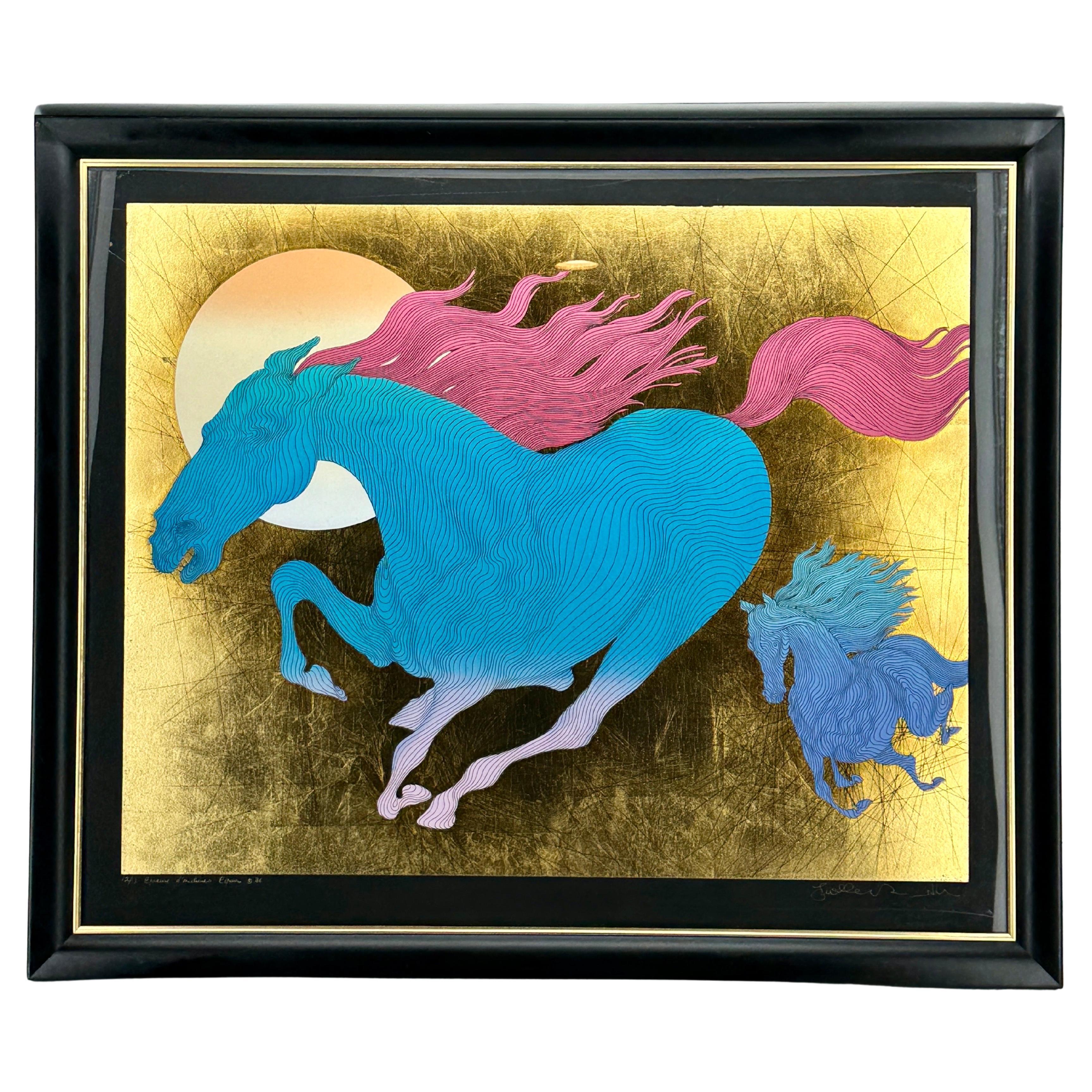 Guillaume Azoulay Equus Gold Leaf Running Horse Serigraph Limited Edition 12/12 For Sale