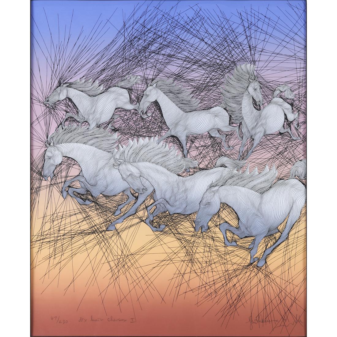 Guillame Azoulay (Marocain, né en 1949)
dix Huit Chevaux" (Eighteen Horses) 
Sérigraphie
Crayon signé en bas à droite, titré en bas à gauche 
Edition 47/230 
Image : 23 in H  x 18.5in W 
Hors tout (avec le cadre) : 35po H  x 30.5in W