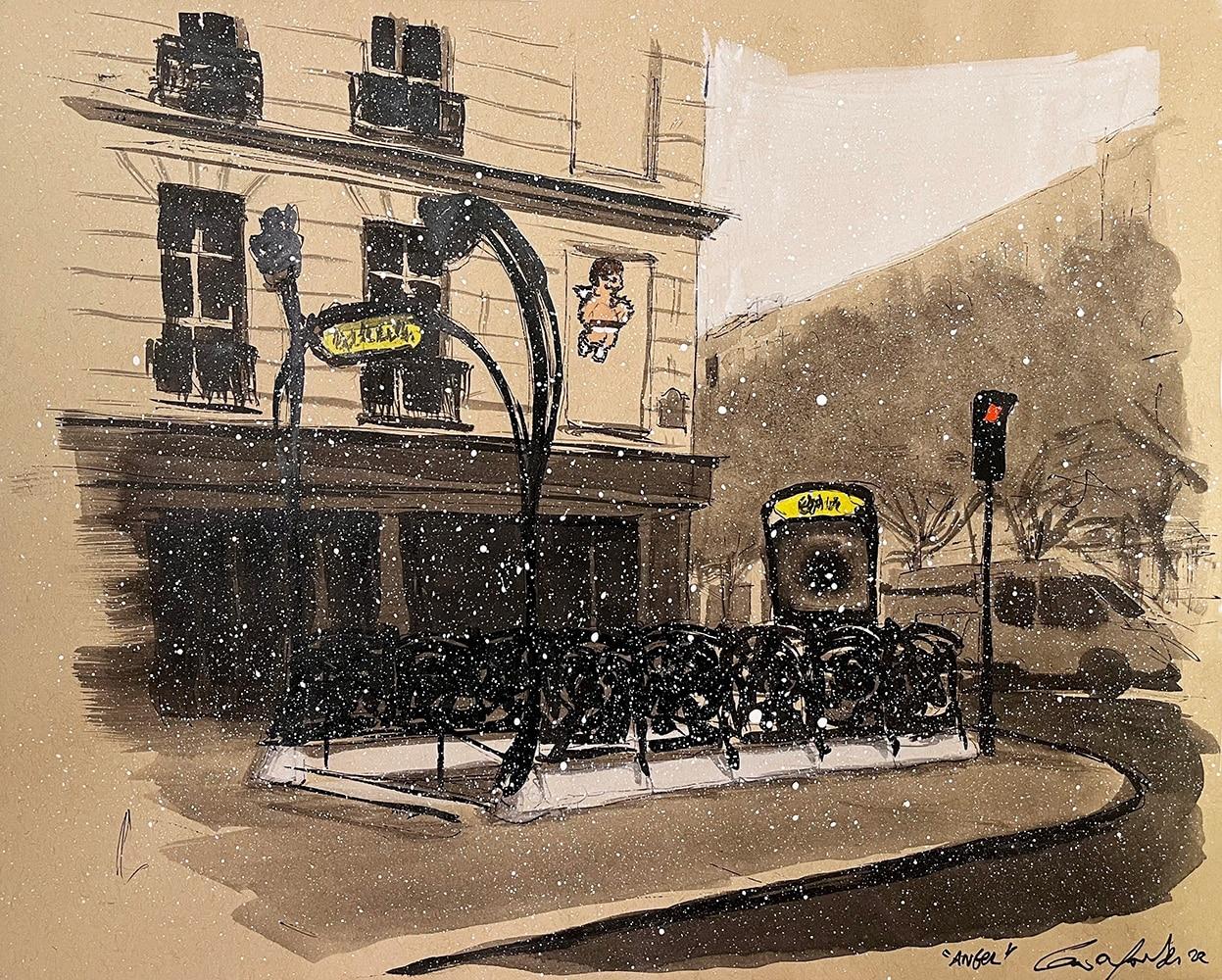 Angel de Guillaume Chansarel - Paysage urbain, ville de Paris, neige, métro - Painting de Guillaume Chansarel (Guiyome)