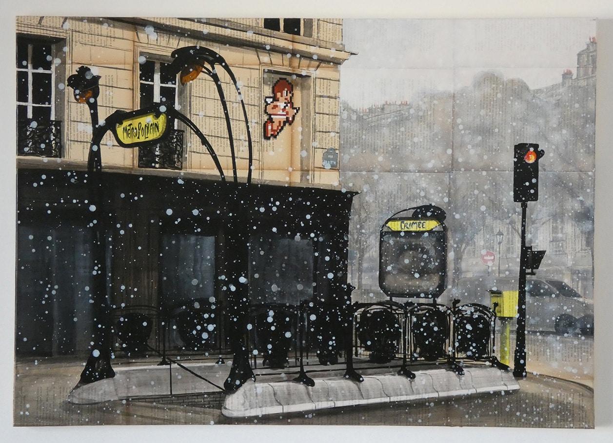 Angel de Guillaume Chansarel - Paysage urbain, ville de Paris, neige, métro - Noir Figurative Painting par Guillaume Chansarel (Guiyome)