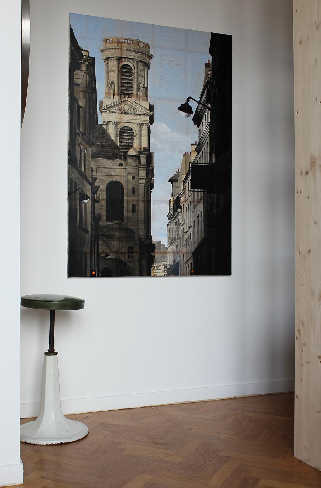 Ink and acrylic on old book pages mounted on canvas, 130 x 89 cm.
Through his figurative paintings, Guillaume Chansarel seeks to capture the graphic identity of a city (in this case, the Saint Sulpice church in Paris), in the same way as an