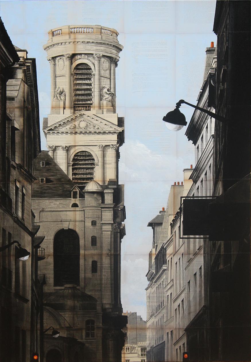 Guillaume Chansarel (Guiyome) Landscape Painting - Badaboum by Guillaume Chansarel - Painting, Church of Saint-Sulpice, Paris 