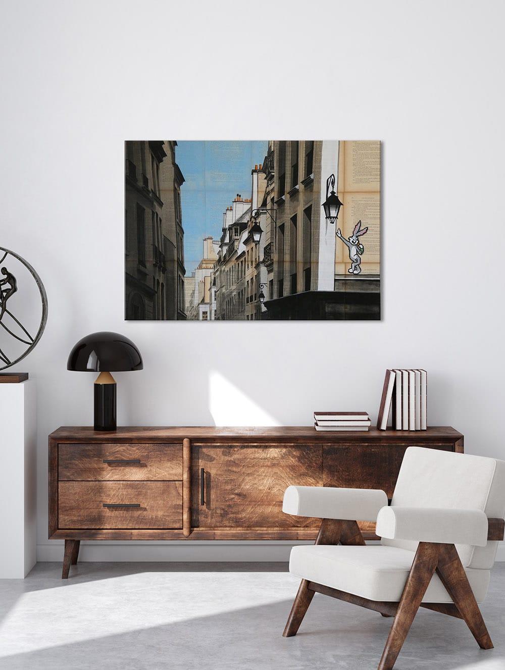 Bugs by Guillaume Chansarel – Stadtlandschaftsmalerei, Paris, Gebäude, Hase – Painting von Guillaume Chansarel (Guiyome)
