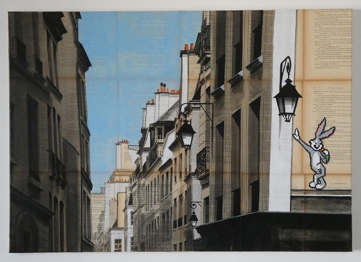 Bugs by Guillaume Chansarel - Urban landscape painting, Paris, buildings, bunny - Contemporary Painting by Guillaume Chansarel (Guiyome)