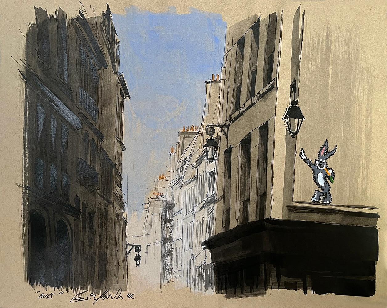Bugs ist ein einzigartiges Gemälde des zeitgenössischen Künstlers Guillaume Chansarel. Das Gemälde wurde mit Tusche und Acryl auf alten Buchseiten auf Leinwand gemalt und hat die Maße 65 × 92 cm (25,6 × 36,2 in).
Das Kunstwerk ist signiert, wird