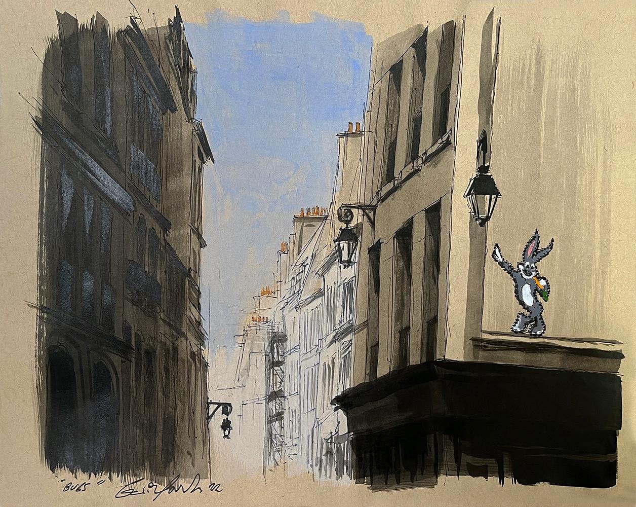 Bugs by Guillaume Chansarel – Stadtlandschaftsmalerei, Paris, Gebäude, Hase (Schwarz), Landscape Painting, von Guillaume Chansarel (Guiyome)