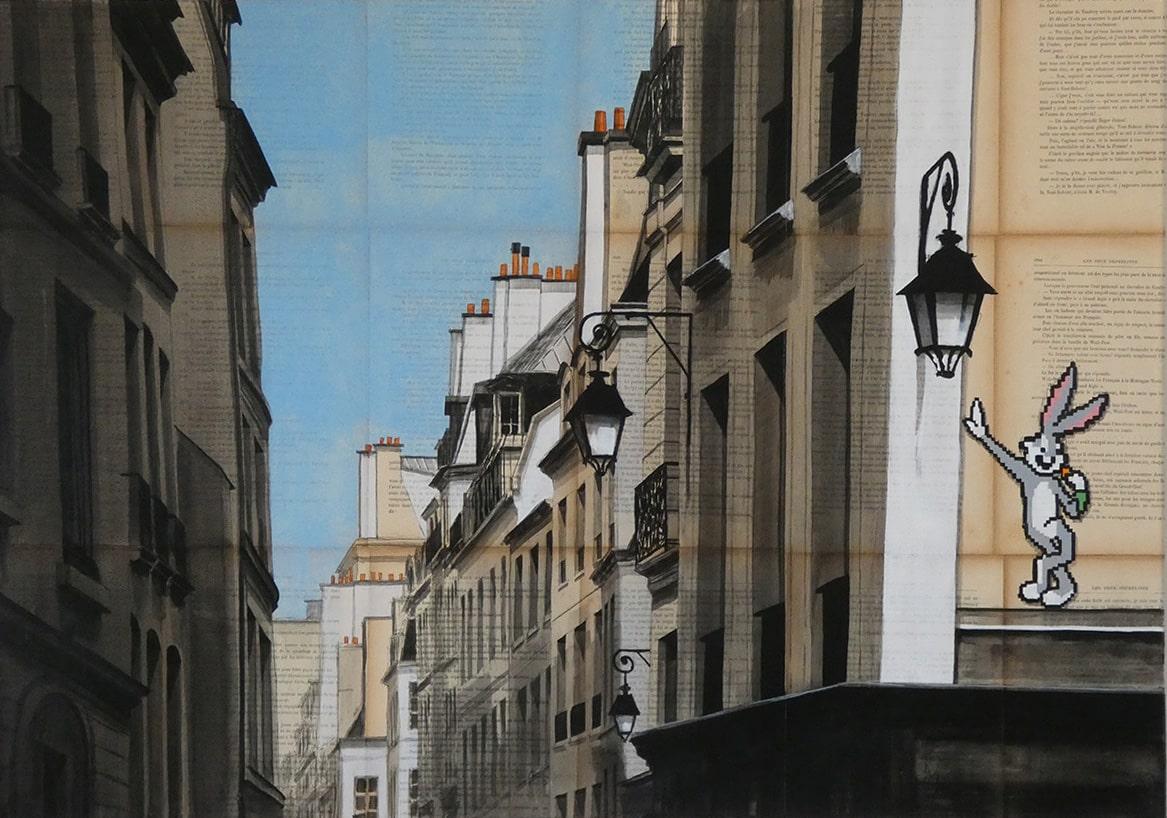 Guillaume Chansarel (Guiyome) Landscape Painting - Bugs by Guillaume Chansarel - Urban landscape painting, Paris, buildings, bunny