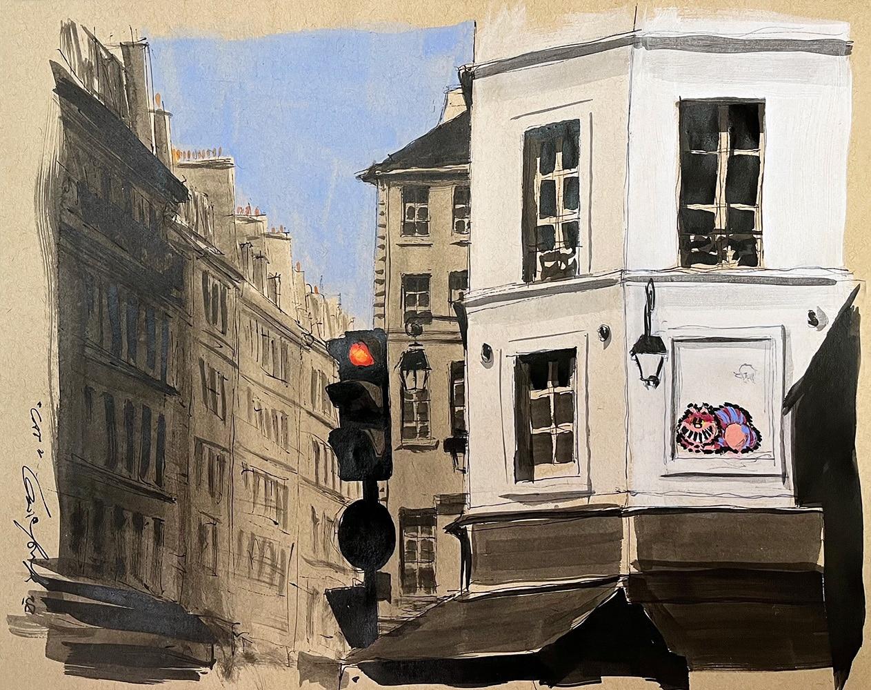 Cat by Guillaume Chansarel – Stadtlandschaftsmalerei, Paris, Gebäude, Tier – Painting von Guillaume Chansarel (Guiyome)