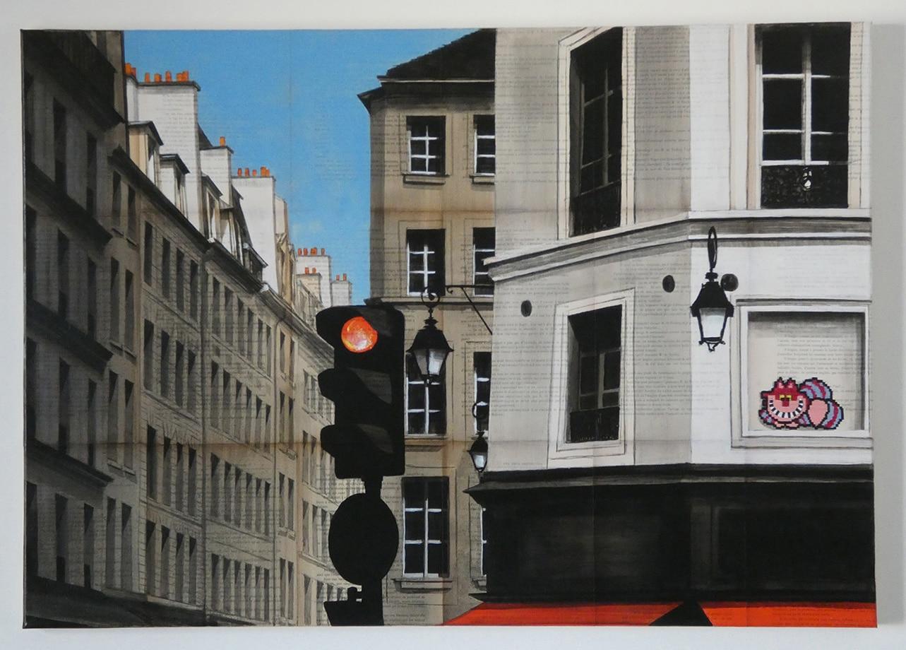 Cat by Guillaume Chansarel – Stadtlandschaftsmalerei, Paris, Gebäude, Tier (Schwarz), Landscape Painting, von Guillaume Chansarel (Guiyome)