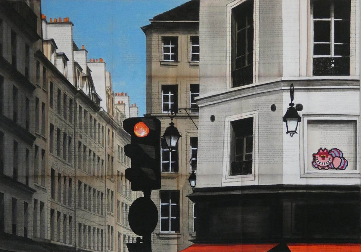 Cat de Guillaume Chansarel - Peinture de paysage urbain, Paris, bâtiments, animal