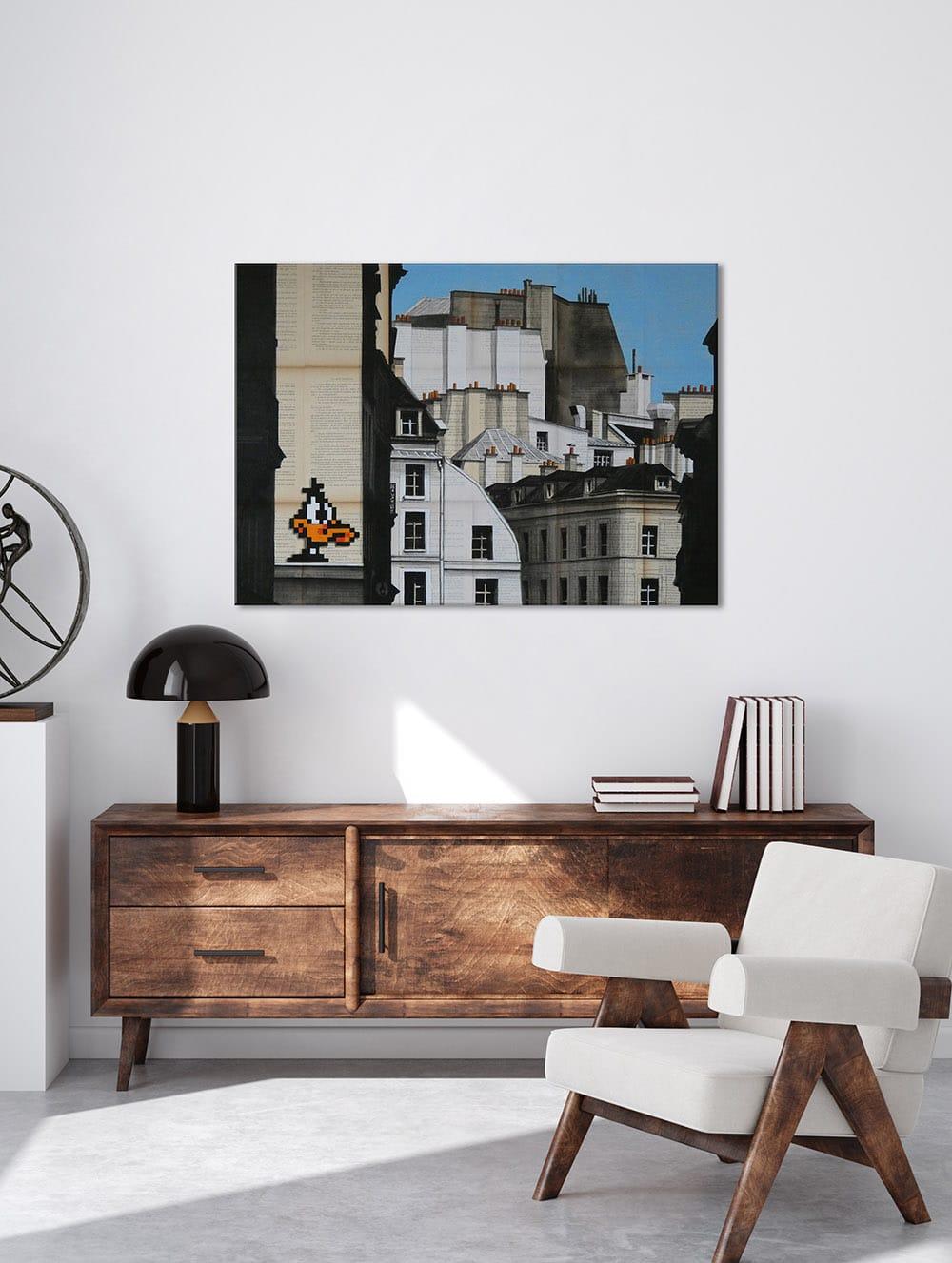 Daffy von Guillaume Chansarel - Stadtlandschaftsmalerei, Paris, Gebäude, Ente, Ente – Painting von Guillaume Chansarel (Guiyome)